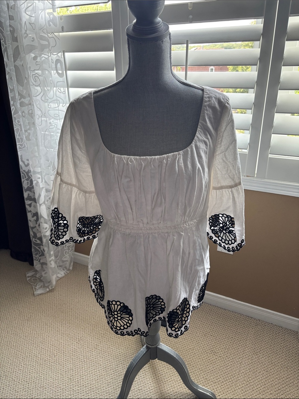 Marks & Spencer White Peasant Top with Black Embroidery